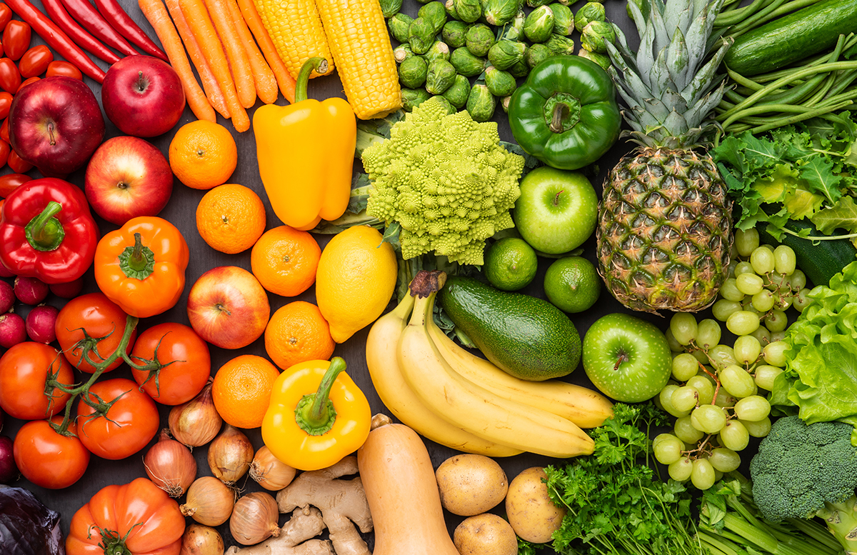 An arrangement of fruits and vegetables